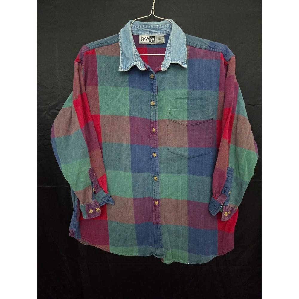 Vintage 1990's Kat Plaid Flannel Shirt Mens XL Multicolor Denim Collar 90s Retro